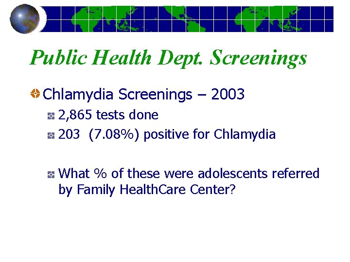 Public Health Dept. Screenings Chlamydia Screenings – 2003 2, 865 tests done 203 (7.