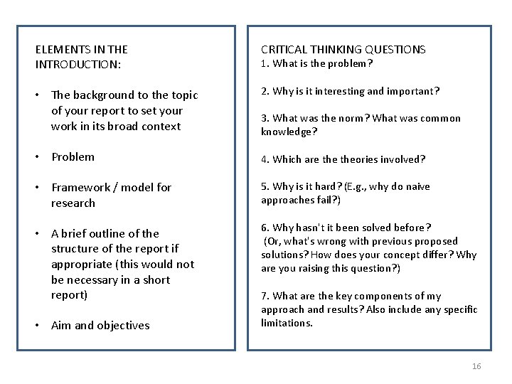 ELEMENTS IN THE INTRODUCTION: CRITICAL THINKING QUESTIONS • The background to the topic of