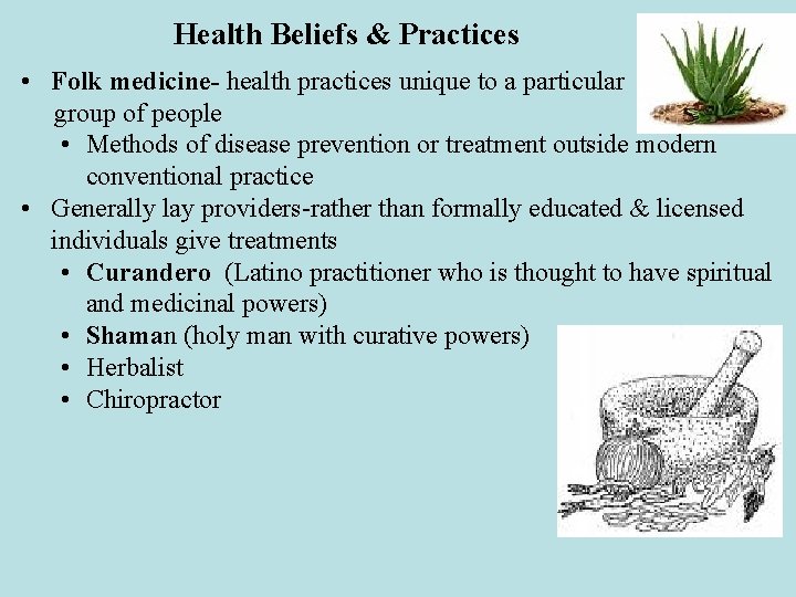 Health Beliefs & Practices • Folk medicine- health practices unique to a particular group