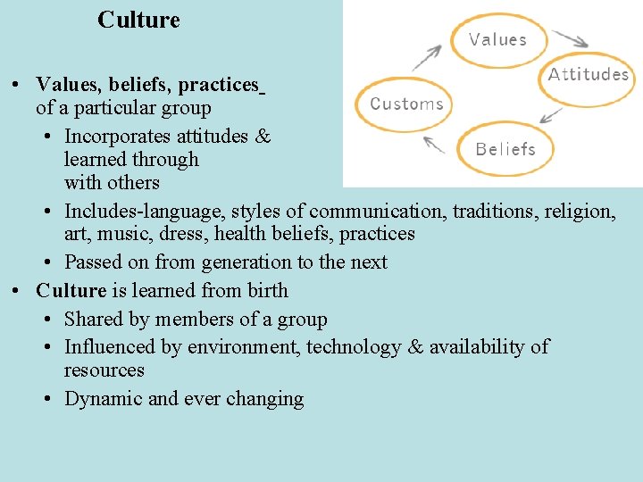 Culture • Values, beliefs, practices of a particular group • Incorporates attitudes & customs