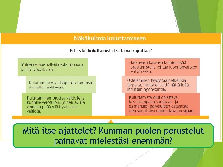 Mitä itse ajattelet? Kumman puolen perustelut painavat mielestäsi enemmän? 