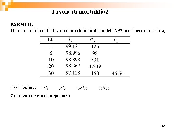 Tavola di mortalità/2 ESEMPIO Dato lo stralcio della tavola di mortalità italiana del 1992