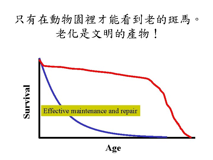Survival 只有在動物園裡オ能看到老的斑馬。 老化是文明的產物! Effective maintenance and repair Age Survival 只有在動物園裡オ能看到老的斑馬。 老化是文明的產物! Effective maintenance and repair Age