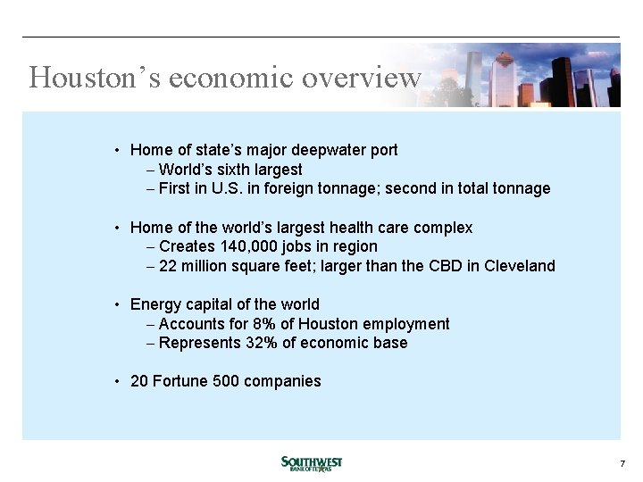 Houston’s economic overview • Home of state’s major deepwater port - World’s sixth largest