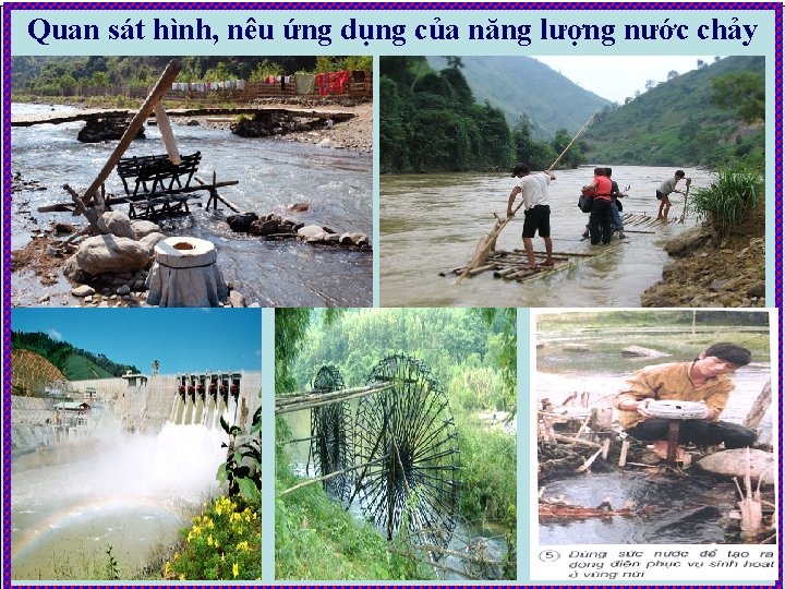 Quan sát hình, nêu ứng dụng của năng lượng nước chảy 