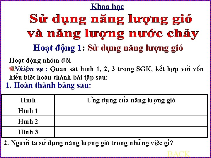 Khoa học Hoạt động 1: Sử dụng năng lượng gió Hoạt động nhóm đôi