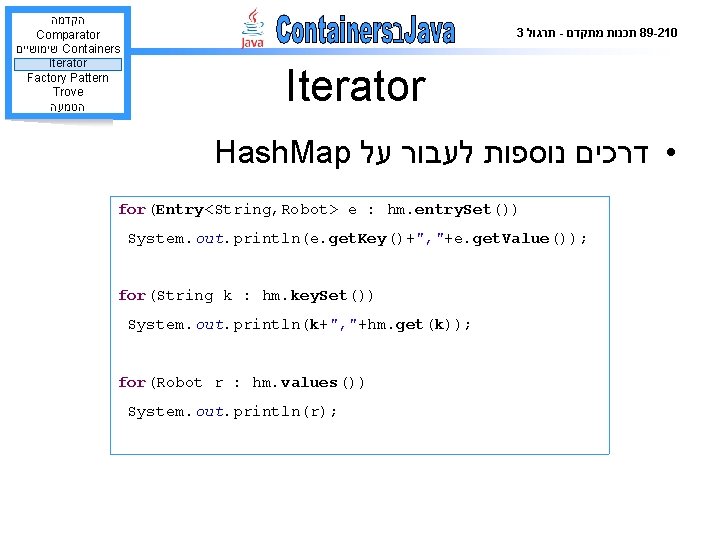  הקדמה Comparator שימושיים Containers Iterator Factory Pattern Trove הטמעה 3 תרגול - תכנות