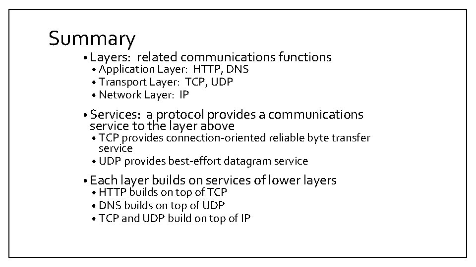 Summary • Layers: related communications functions • Application Layer: HTTP, DNS • Transport Layer: