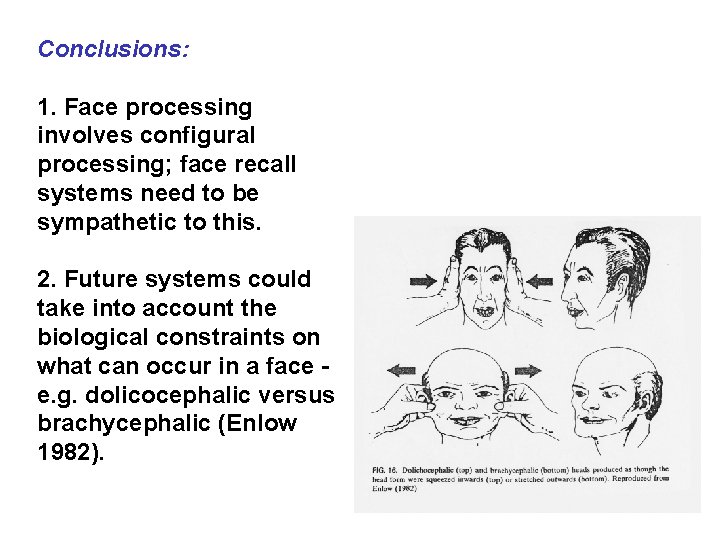 Conclusions: 1. Face processing involves configural processing; face recall systems need to be sympathetic