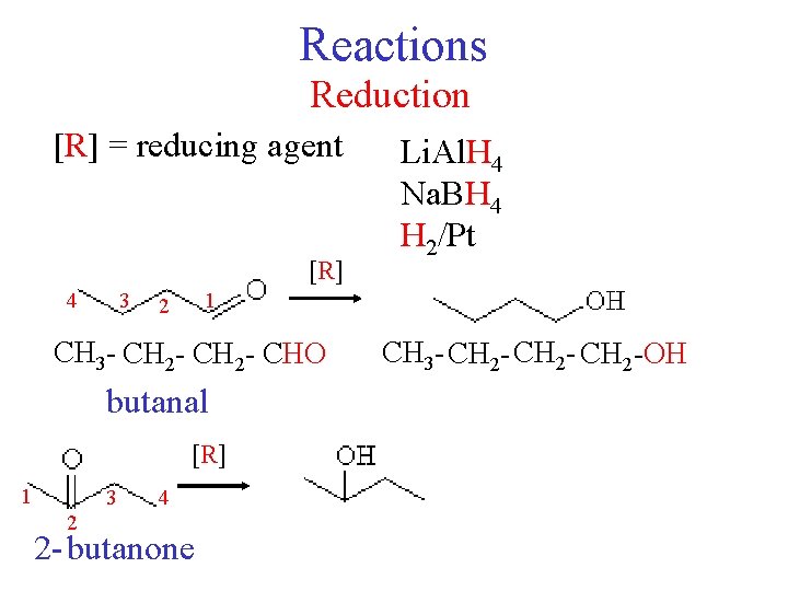 Reactions Reduction [R] = reducing agent [R] 4 3 1 2 CH 3 -