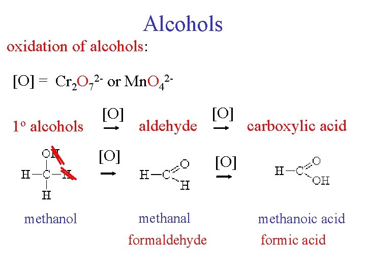 Alcohols oxidation of alcohols: [O] = Cr 2 O 72 - or Mn. O