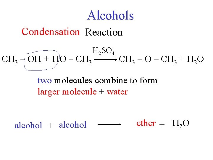 Alcohols Condensation Reaction CH 3 – OH + HO – CH 3 H 2