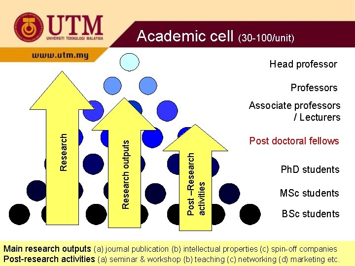 Academic cell (30 -100/unit) Head professor Professors Post doctoral fellows Post –Research activities Research
