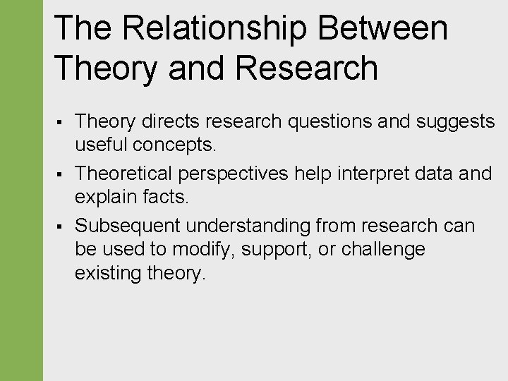 The Relationship Between Theory and Research § § § Theory directs research questions and