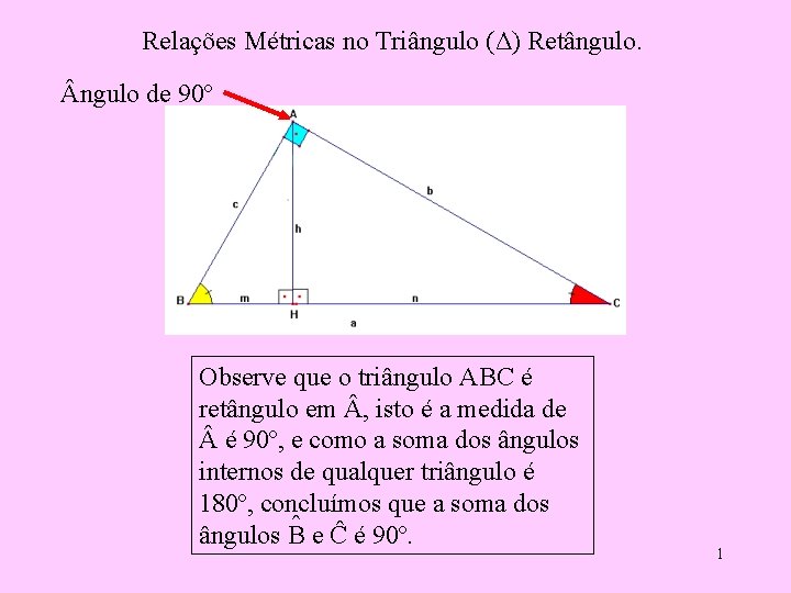 Relações Métricas no Triângulo (Δ) Retângulo. ngulo de 90º Observe que o triângulo ABC