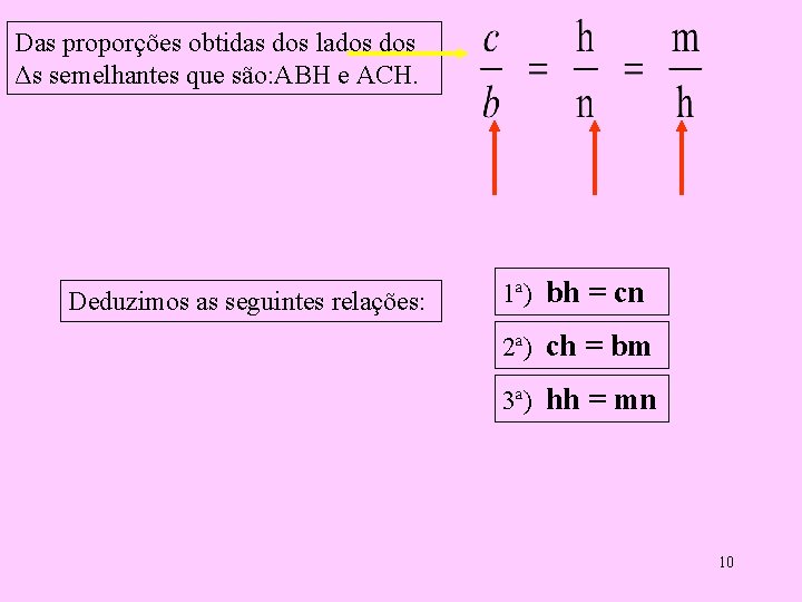 Das proporções obtidas dos lados Δs semelhantes que são: ABH e ACH. Deduzimos as