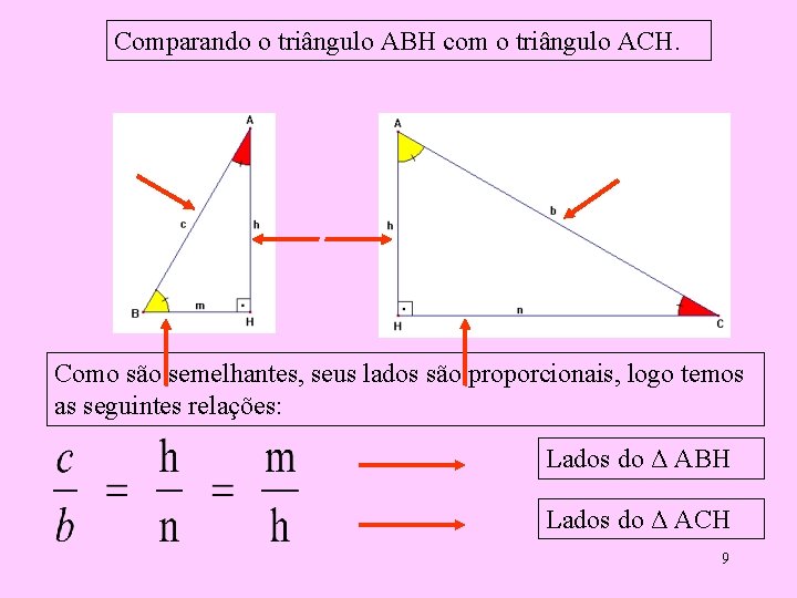Comparando o triângulo ABH com o triângulo ACH. Como são semelhantes, seus lados são