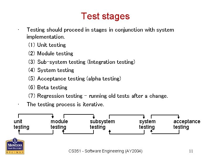 Test stages • • Testing should proceed in stages in conjunction with system implementation.