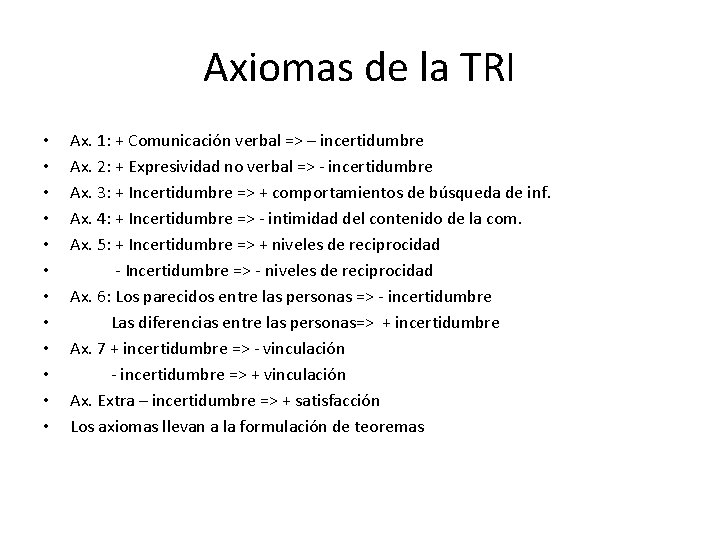 Axiomas de la TRI • • • Ax. 1: + Comunicación verbal => –