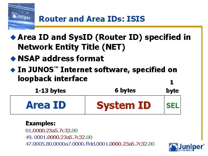 Router and Area IDs: ISIS u Area ID and Sys. ID (Router ID) specified