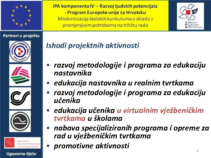 Ishodi projektnih aktivnosti • razvoj metodologije i programa za edukaciju nastavnika • edukacija nastavnika