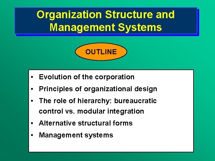 Organization Structure and Management Systems OUTLINE • Evolution of the corporation • Principles of