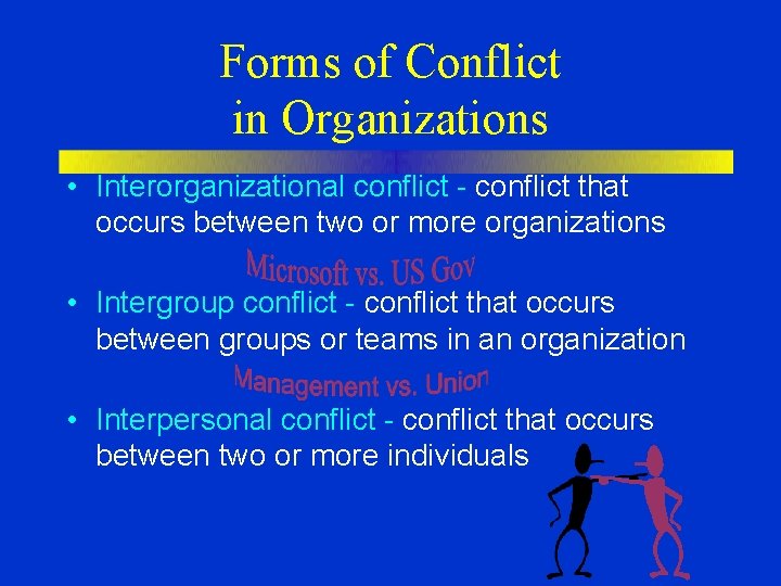 Forms of Conflict in Organizations • Interorganizational conflict - conflict that occurs between two