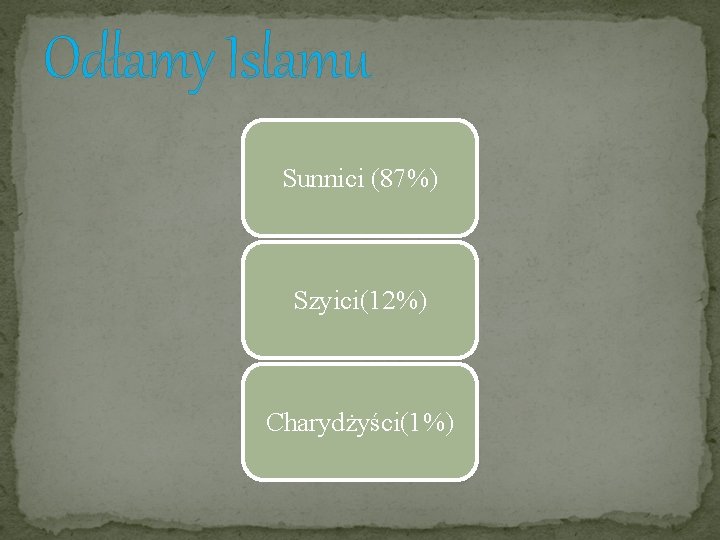 Odłamy Islamu Sunnici (87%) Szyici(12%) Charydżyści(1%) Odłamy Islamu Sunnici (87%) Szyici(12%) Charydżyści(1%)