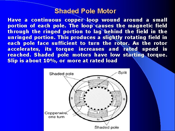 Shaded Pole Motor Have a continuous copper loop wound around a small portion of