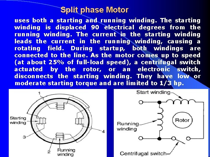 Split phase Motor uses both a starting and running winding. The starting winding is