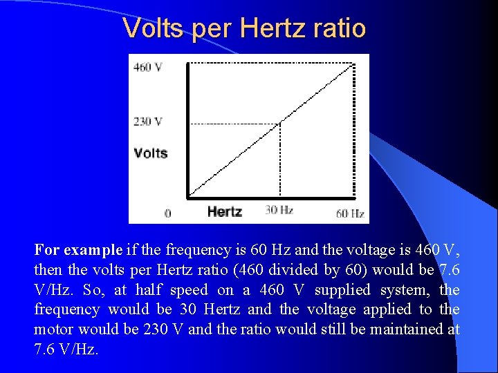 Volts per Hertz ratio For example if the frequency is 60 Hz and the