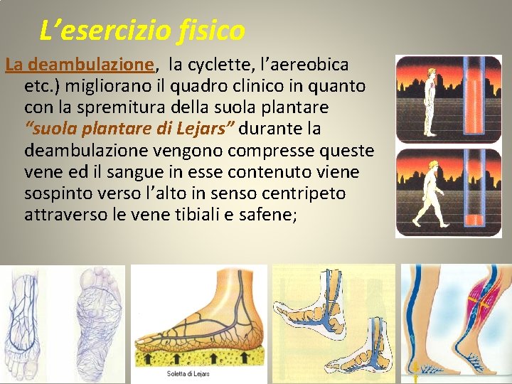 L’esercizio fisico La deambulazione, la cyclette, l’aereobica etc. ) migliorano il quadro clinico in