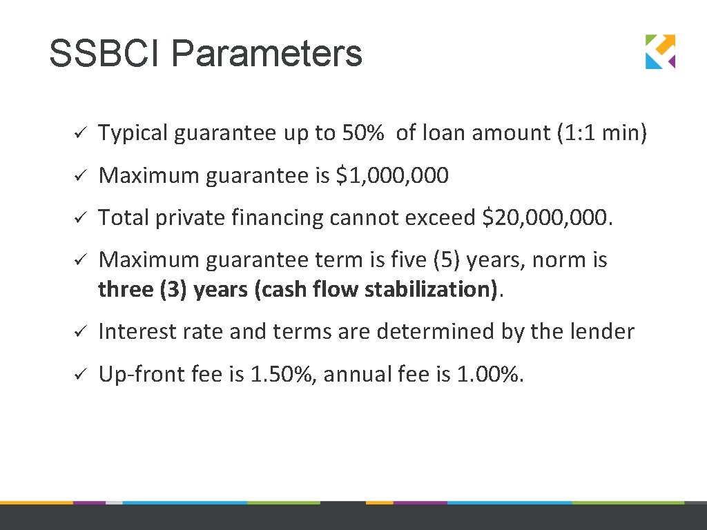SSBCI Parameters ü Typical guarantee up to 50% of loan amount (1: 1 min)