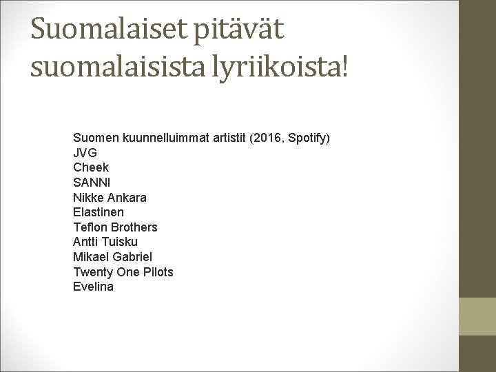 Suomalaiset pitävät suomalaisista lyriikoista! Suomen kuunnelluimmat artistit (2016, Spotify) JVG Cheek SANNI Nikke Ankara