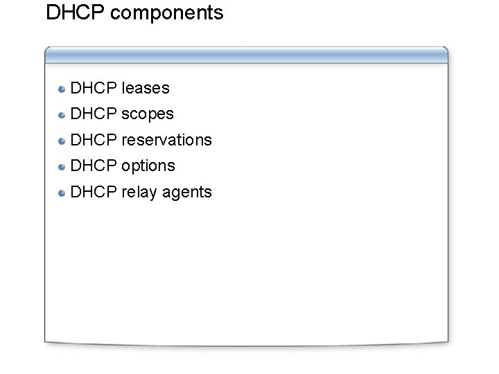 DHCP components DHCP leases DHCP scopes DHCP reservations DHCP options DHCP relay agents 