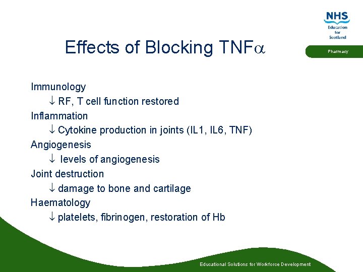 Effects of Blocking TNFa Immunology RF, T cell function restored Inflammation Cytokine production in