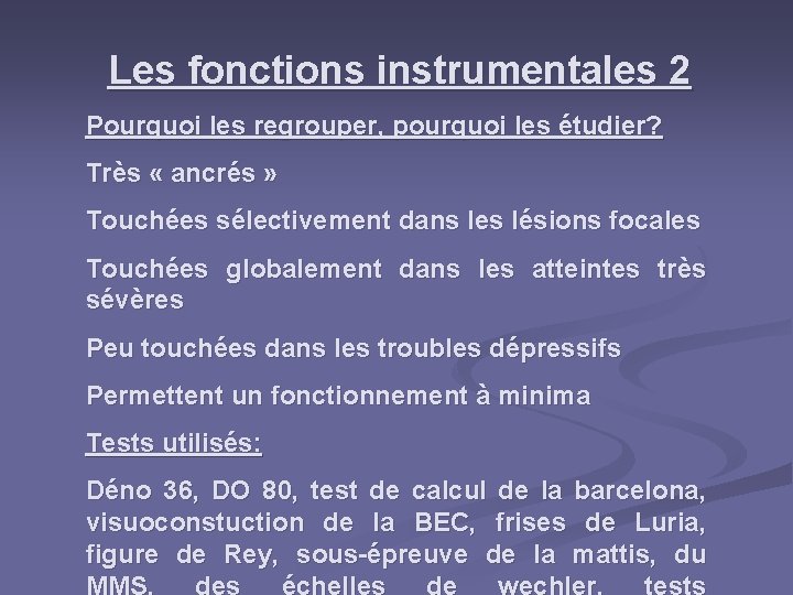 Les fonctions instrumentales 2 Pourquoi les regrouper, pourquoi les étudier? Très « ancrés »