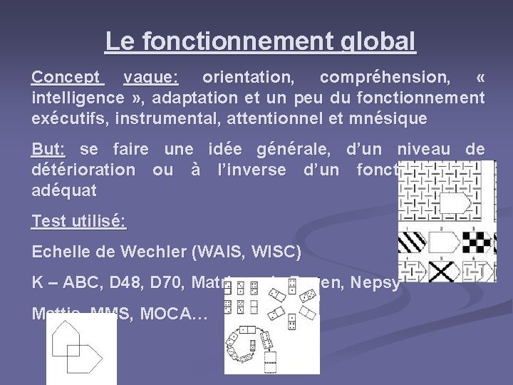 Le fonctionnement global Concept vague: orientation, compréhension, « intelligence » , adaptation et un Le fonctionnement global Concept vague: orientation, compréhension, « intelligence » , adaptation et un