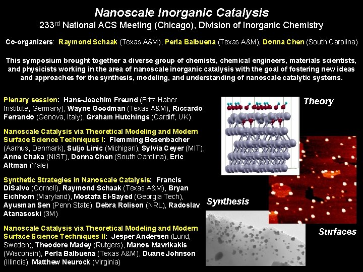 Nanoscale Inorganic Catalysis 233 rd National ACS Meeting (Chicago), Division of Inorganic Chemistry Co-organizers: