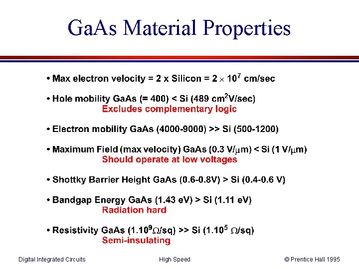 Ga. As Material Properties Digital Integrated Circuits High Speed © Prentice Hall 1995 