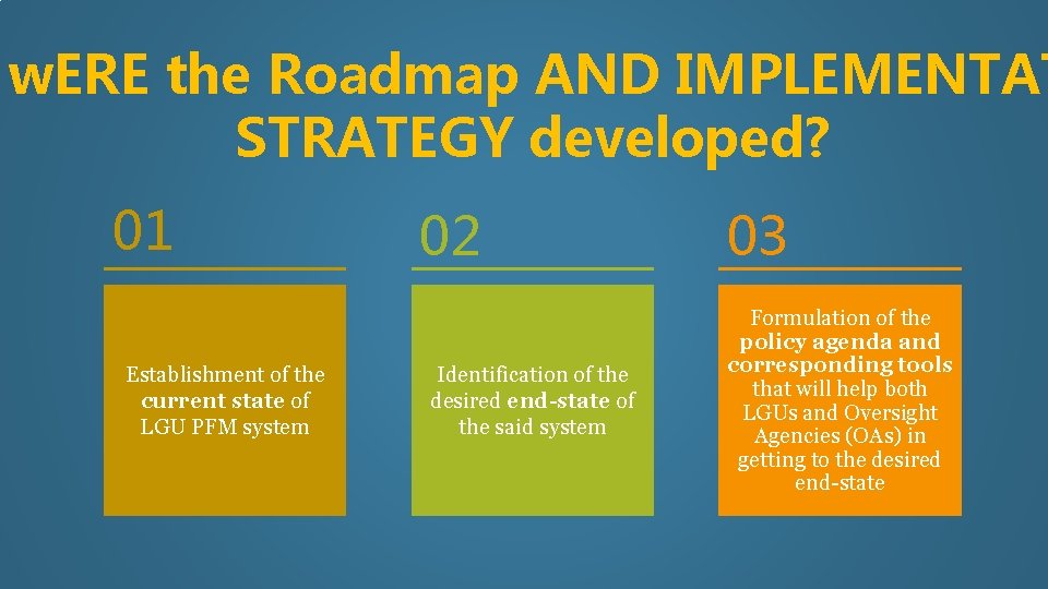 w. ERE the Roadmap AND IMPLEMENTAT STRATEGY developed? 01 Establishment of the current state