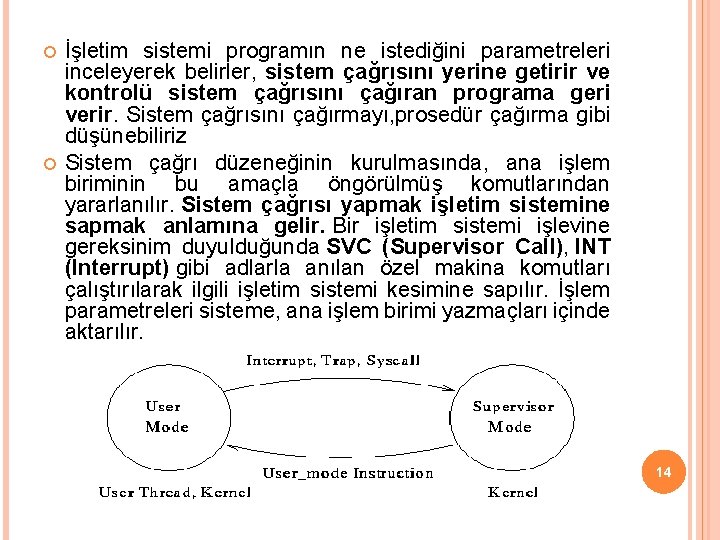  İşletim sistemi programın ne istediğini parametreleri inceleyerek belirler, sistem çağrısını yerine getirir ve