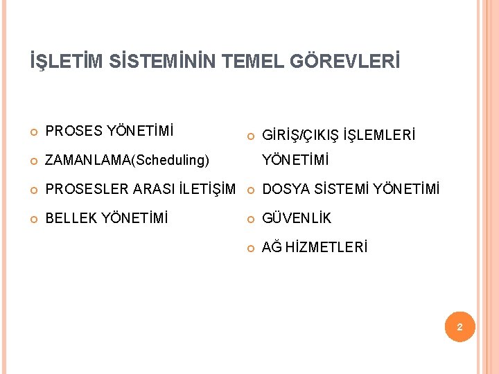 İŞLETİM SİSTEMİNİN TEMEL GÖREVLERİ PROSES YÖNETİMİ ZAMANLAMA(Scheduling) PROSESLER ARASI İLETİŞİM DOSYA SİSTEMİ YÖNETİMİ BELLEK İŞLETİM SİSTEMİNİN TEMEL GÖREVLERİ PROSES YÖNETİMİ ZAMANLAMA(Scheduling) PROSESLER ARASI İLETİŞİM DOSYA SİSTEMİ YÖNETİMİ BELLEK
