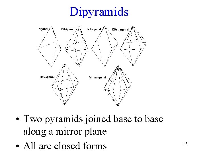Dipyramids • Two pyramids joined base to base along a mirror plane • All