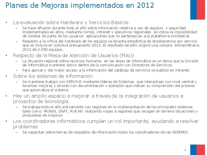 Planes de Mejoras implementados en 2012 • La evaluación sobre Hardware y Servicios Básicos