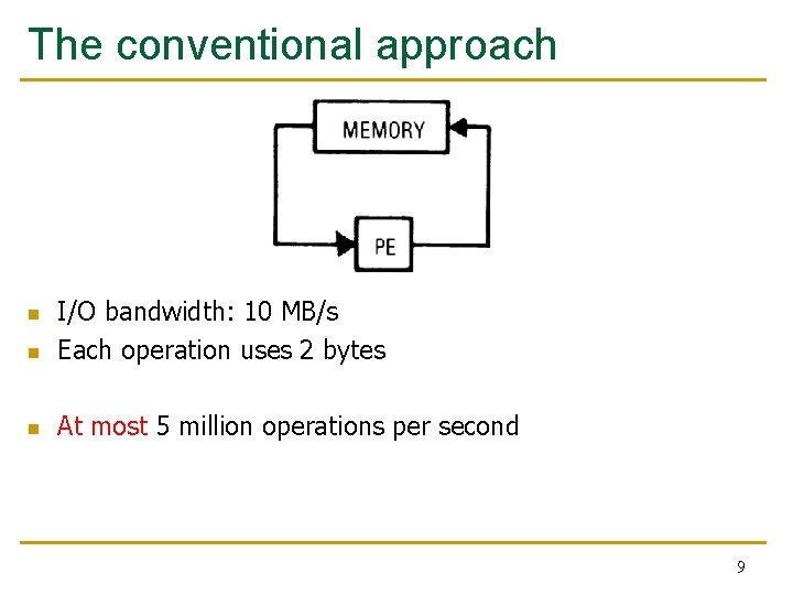 The conventional approach n I/O bandwidth: 10 MB/s Each operation uses 2 bytes n