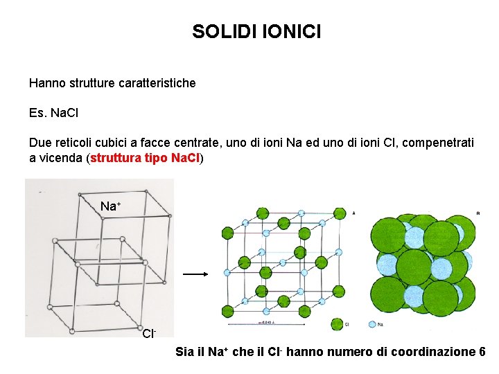 SOLIDI IONICI Hanno strutture caratteristiche Es. Na. Cl Due reticoli cubici a facce centrate,