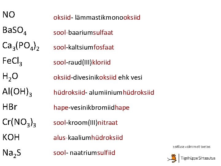 NO oksiid- lämmastikmonooksiid Ba. SO 4 sool-baariumsulfaat Ca 3(PO 4)2 sool-kaltsiumfosfaat Fe. Cl 3