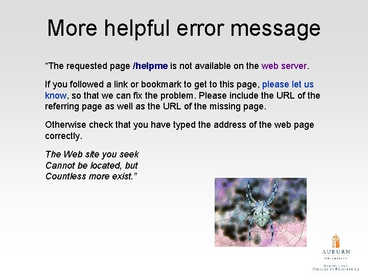 More helpful error message “The requested page /helpme is not available on the web