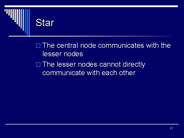 Star o The central node communicates with the lesser nodes o The lesser nodes